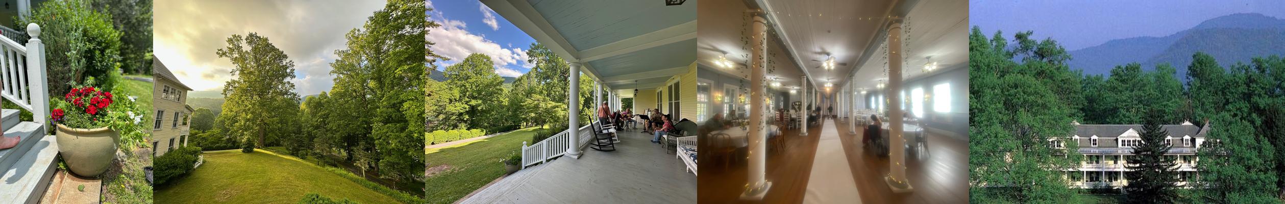 Balsam Mountain Inn Collage: front porch, sunrise, grand dining room, and front facade